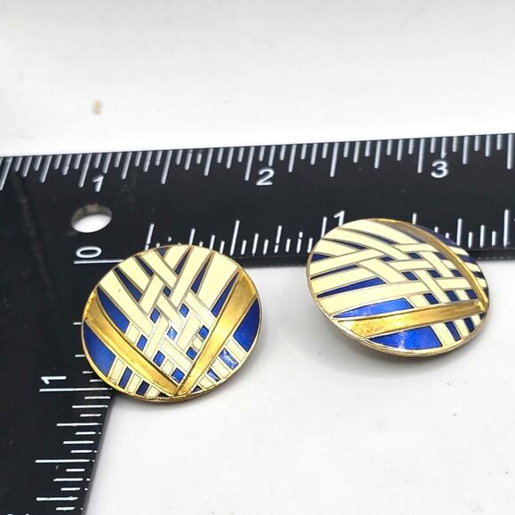Vintage Signed Earrings Enamel Clip On Gold Tone Mid-Century Modern Styling - Picture 6 of 6